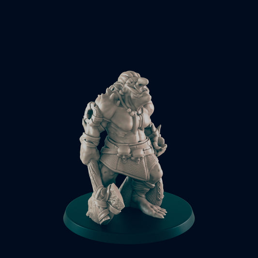 A humanoid troll miniature stands on a black base, leaning forward. It holds a large, crude club in its right hand with a skull-embellished belt, set against a dark background.