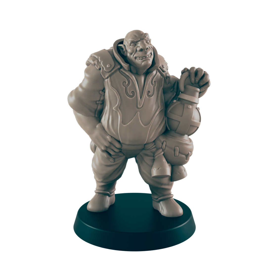 A miniature orc figurine stands holding a bomb, appearing to be a game piece on a dark circular base.