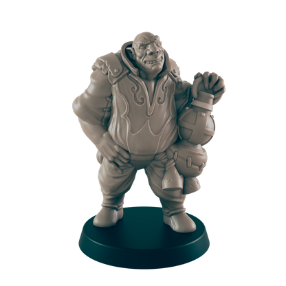 A miniature orc figurine stands holding a bomb, appearing to be a game piece on a dark circular base.