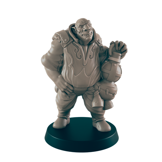 A miniature orc figurine stands holding a bomb, appearing to be a game piece on a dark circular base.