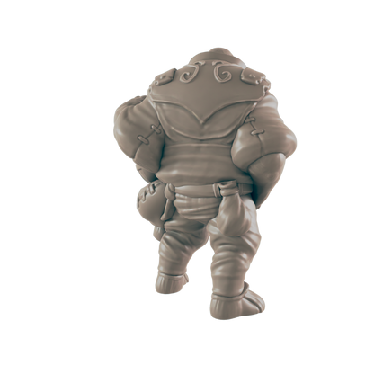 A miniature figurine of a stout, cloaked figure stands against a dark background.  The figure is viewed from behind, showing details of its clothing and pouches.