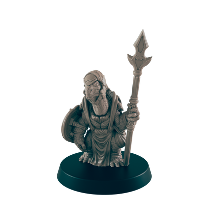 A turtle-like miniature figure stands holding a spear; it wears a robe and carries a shield.  The miniature is displayed on a circular base.
