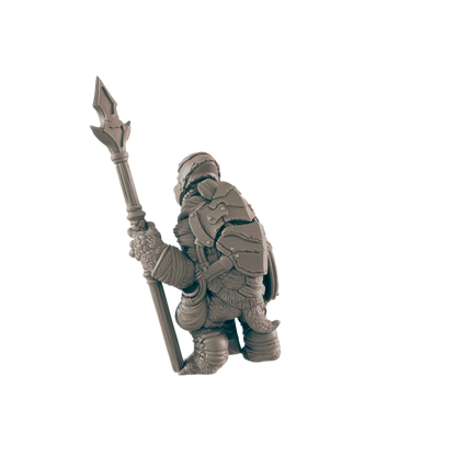 A turtle-like miniature figure, clad in armor, stands holding a spear;  it's positioned against a dark background.