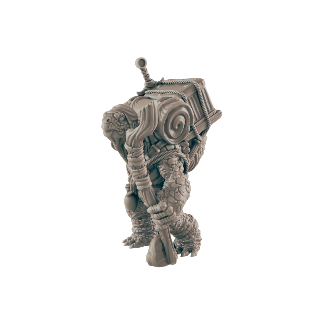 A turtle-like creature carries a large pack and a staff; it is standing against a black background.