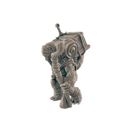 A turtle-like creature carries a large pack and a staff; it is standing against a black background.