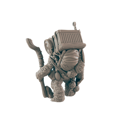 A turtle-like creature carries a large backpack and a staff, appearing to travel against a dark background.
