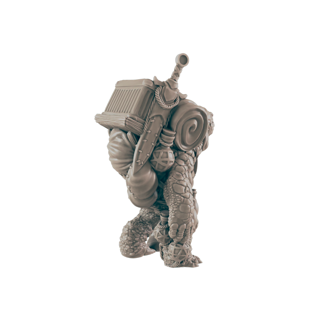 A miniature tortoise-like creature carries a large backpack containing various objects, including a box, a sword, and a rolled-up item, against a dark background.