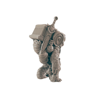 A miniature tortoise-like creature carries a large backpack containing various objects, including a box, a sword, and a rolled-up item, against a dark background.