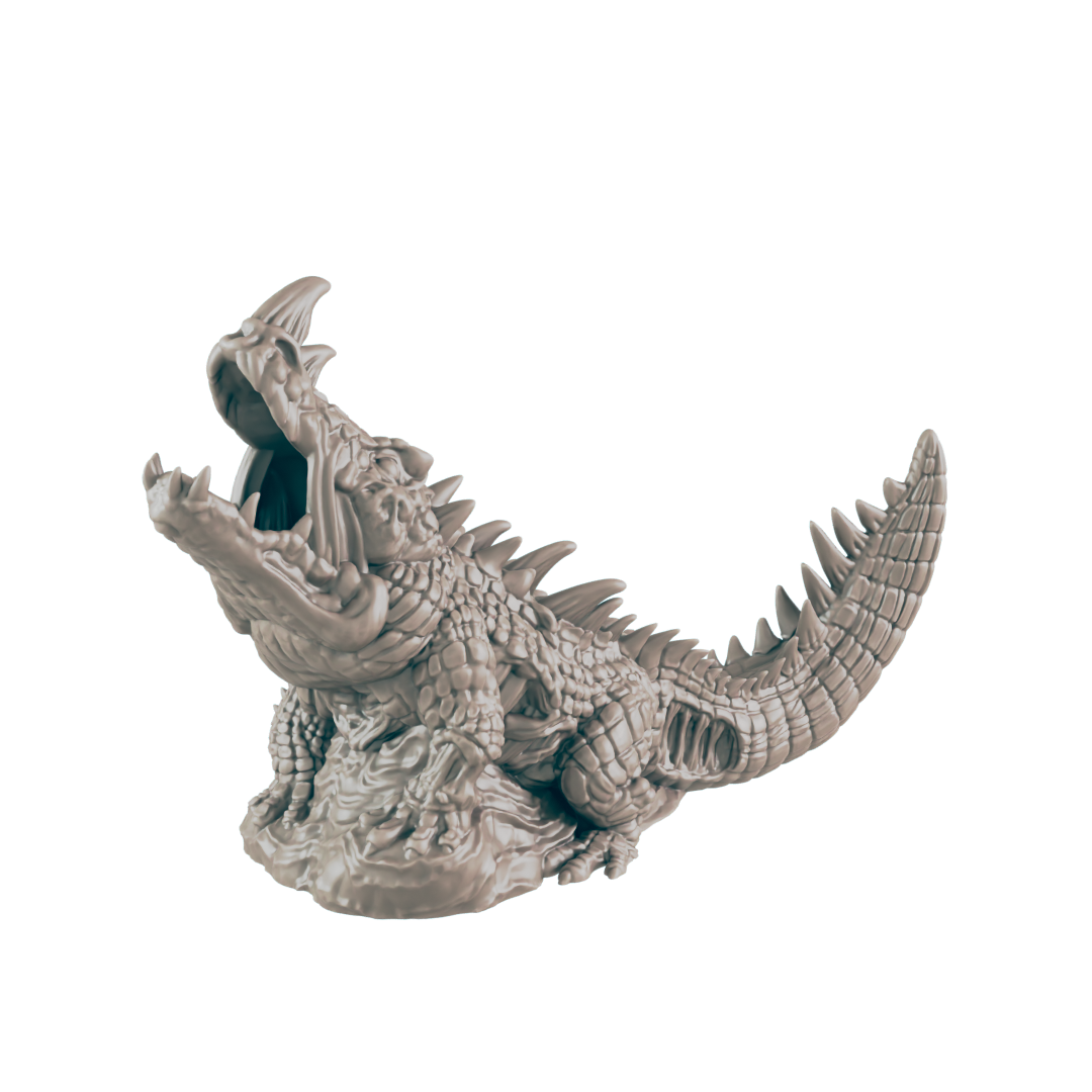 A sculpted crocodile figurine, jaws agape, rests on a textured base.  The creature is depicted in a death throe.