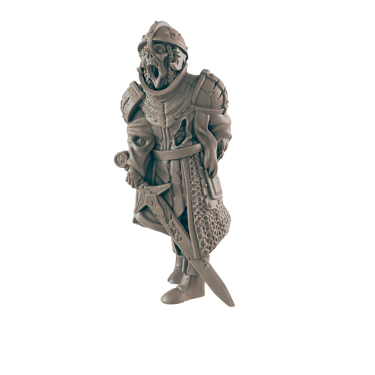 A skeletal knight miniature stands, holding a sword, against a black background.  The figure is decaying and its mouth is open in a scream.