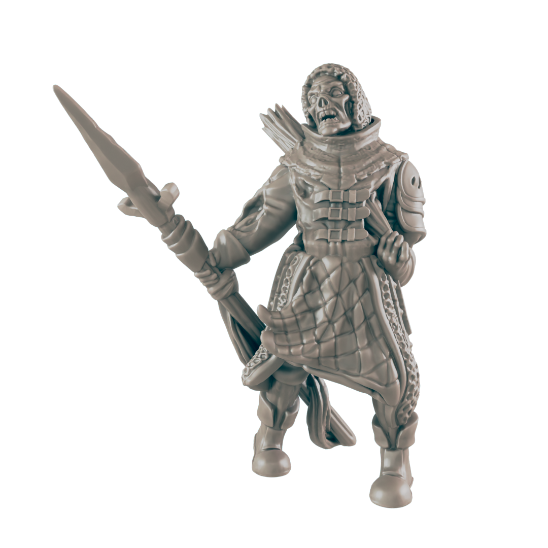 A undead figure, wielding a spear, stands against a dark background.  The figure wears armored clothing with a quilted lower garment.
