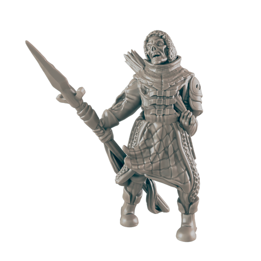 A undead figure, wielding a spear, stands against a dark background.  The figure wears armored clothing with a quilted lower garment.