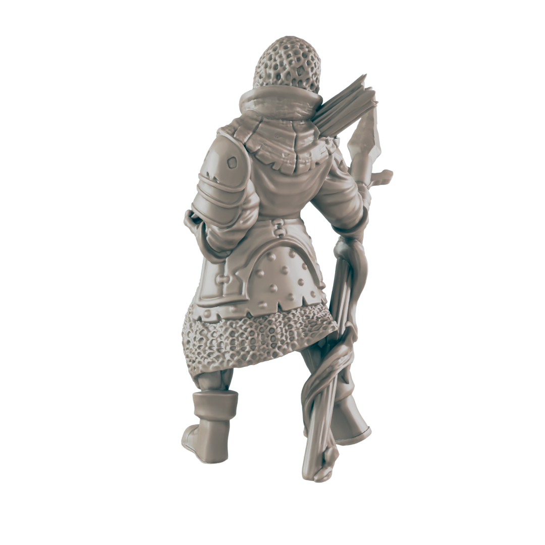 A miniature armored figure stands, viewed from behind, holding a staff-like weapon.  The figure is clad in chainmail and plate armor, suggesting a fantasy setting.