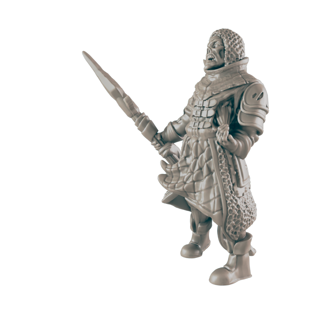A miniature figure of a warrior, holding a spear, stands against a dark background.