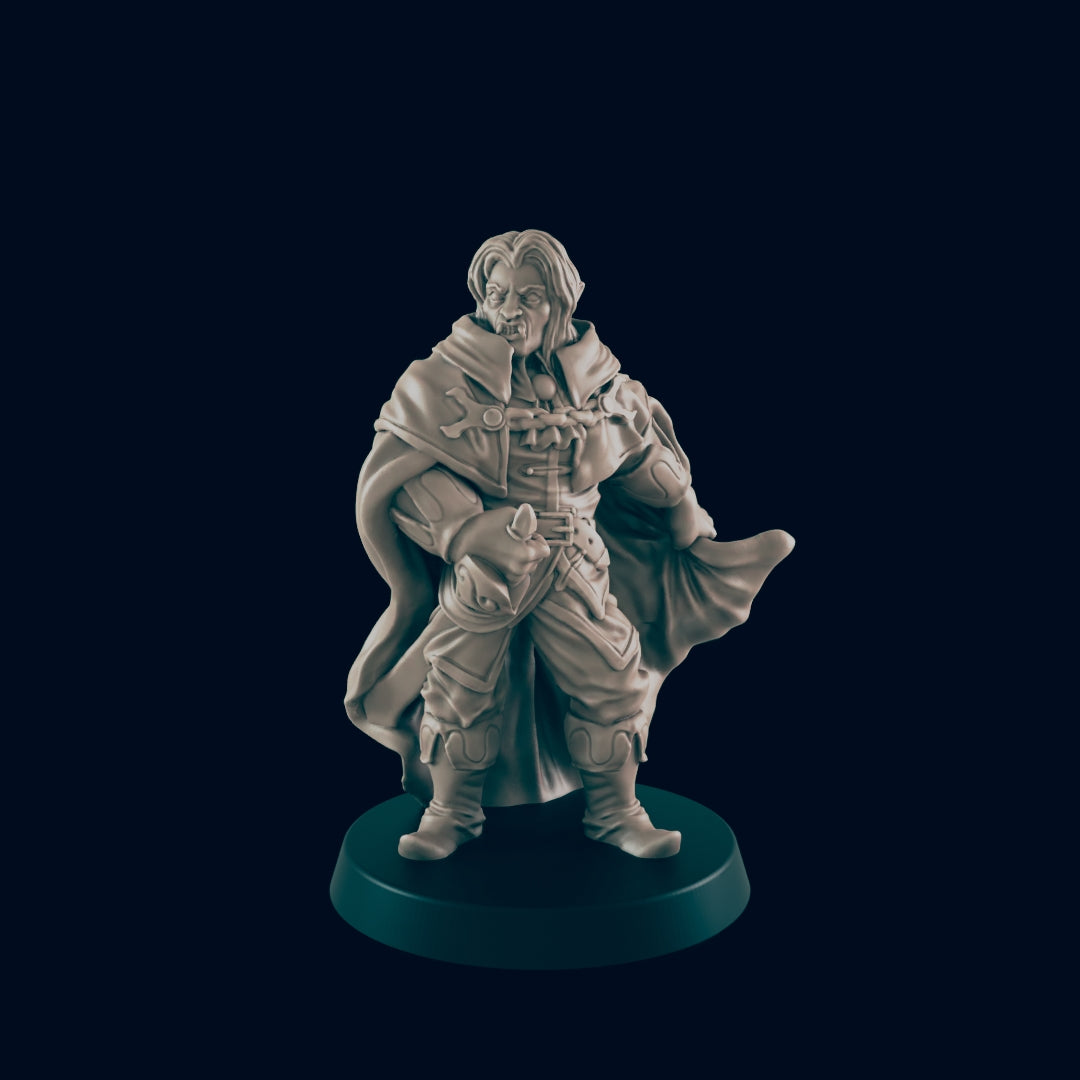 A pale vampire miniature stands aggressively in a dark blue scene. The figure is cloaked, with visible fangs, and is based on a green circular platform.