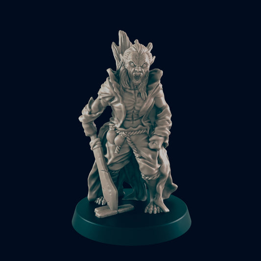 The monster figure stands aggressively, wielding a shovel on a circular base. It has a ragged cloak and tree-like antlers on its head. The background is black.