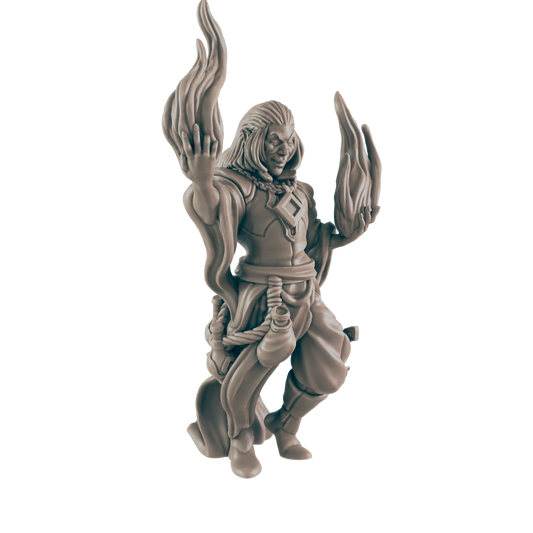 A wizard-like figurine raises hands each with flames in a threatening pose. The background is dark navy-blue.