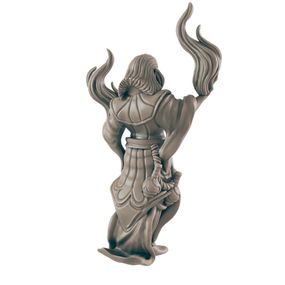 The figurine stands tall, arms raised, ethereal energy swirling above. It's dressed in elaborate robes, a tasseled rope tied around its waist, against a stark black backdrop.