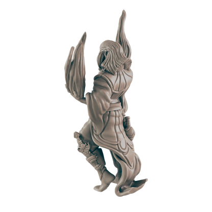 A gray, stylized figure stands with a flowing robe and stylized hair. It is posed on a dark navy background.