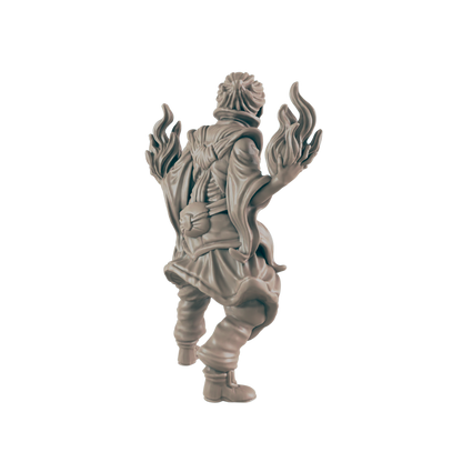 Clay figure of a person stands with arms outstretched, hands surrounded by flames, against a black background. The figure is wearing boots, pants, and a robe with a tied belt and pouch.