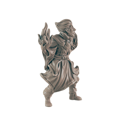 A wizard-like figurine, with flame-like forms emanating from each hand, stands in a black, featureless space.