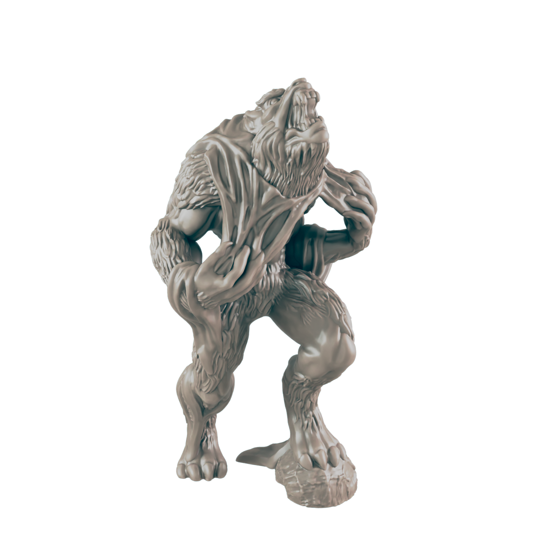 A werewolf miniature snarls, its claws bared, standing on a small, rocky base.