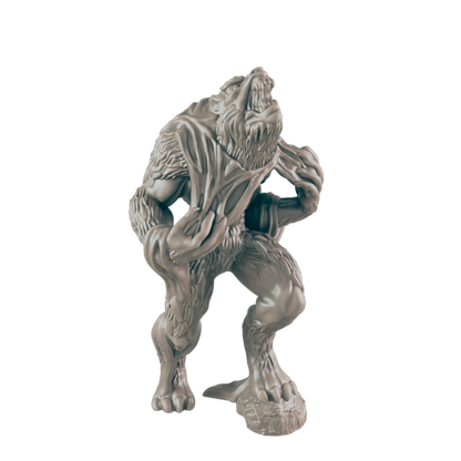A werewolf miniature snarls, its claws bared, standing on a small, rocky base.