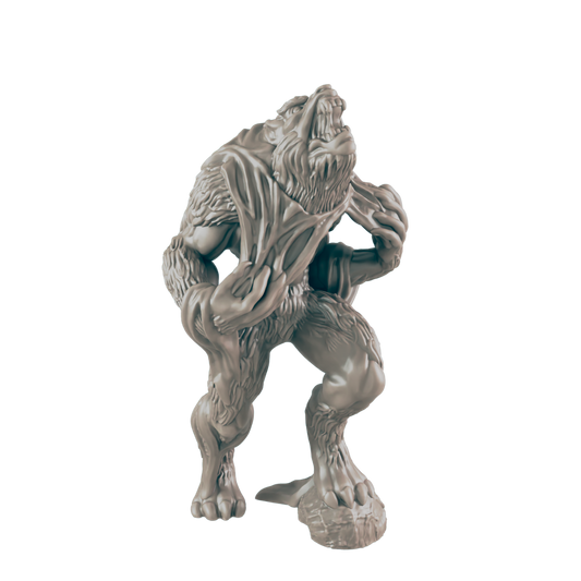 A werewolf miniature snarls, its claws bared, standing on a small, rocky base.
