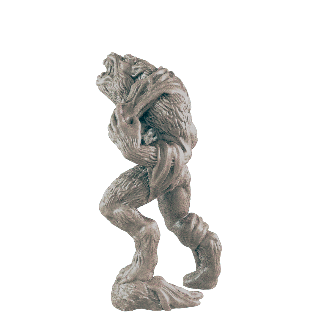 A furry, humanoid figure, possibly a werewolf, is depicted mid-stride, its mouth open in a howl.  It's a figurine, set against a dark background.