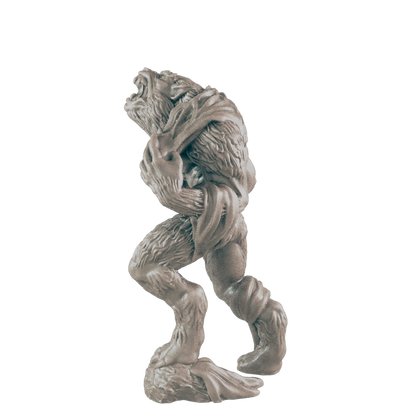 A furry, humanoid figure, possibly a werewolf, is depicted mid-stride, its mouth open in a howl.  It's a figurine, set against a dark background.