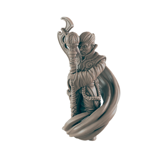 A wizard figurine clutches a staff. He wears robes and has an unpleasant expression. The background is pure black.