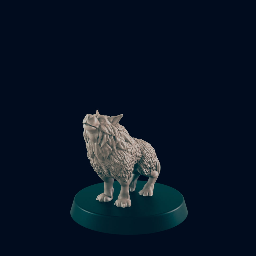 A wolf figurine stands on a round platform with its head lifted, seemingly howling or sniffing upwards, set against a dark blue background.