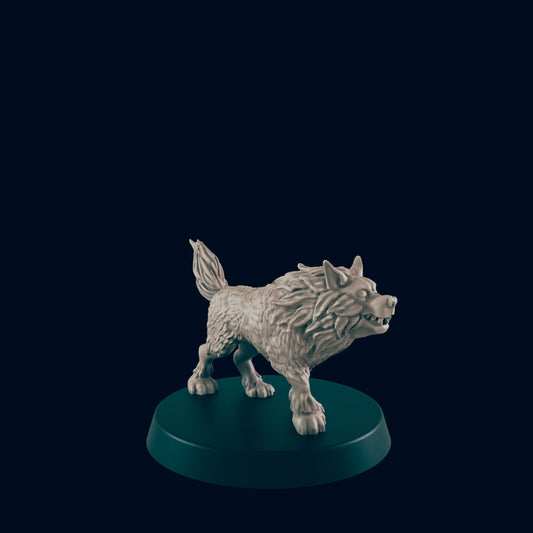 A grey wolf figure stands alert on a small, teal platform. The background is dark teal.