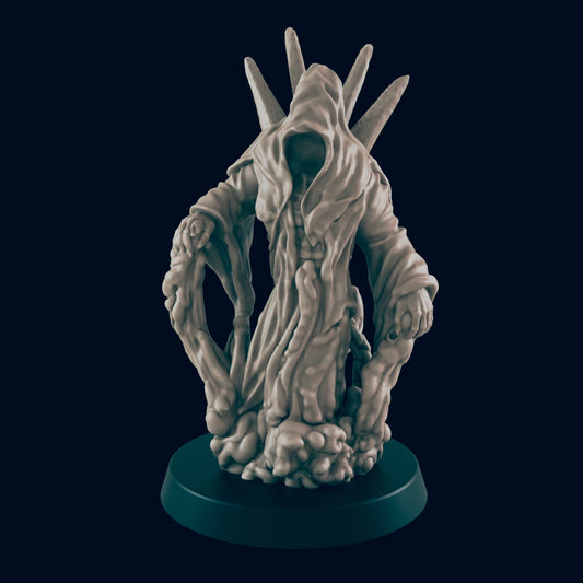 A hooded, ghostly figure stands atop a round base. Three spikes jut from behind its head. The figure's arms extend outward in a menacing gesture.