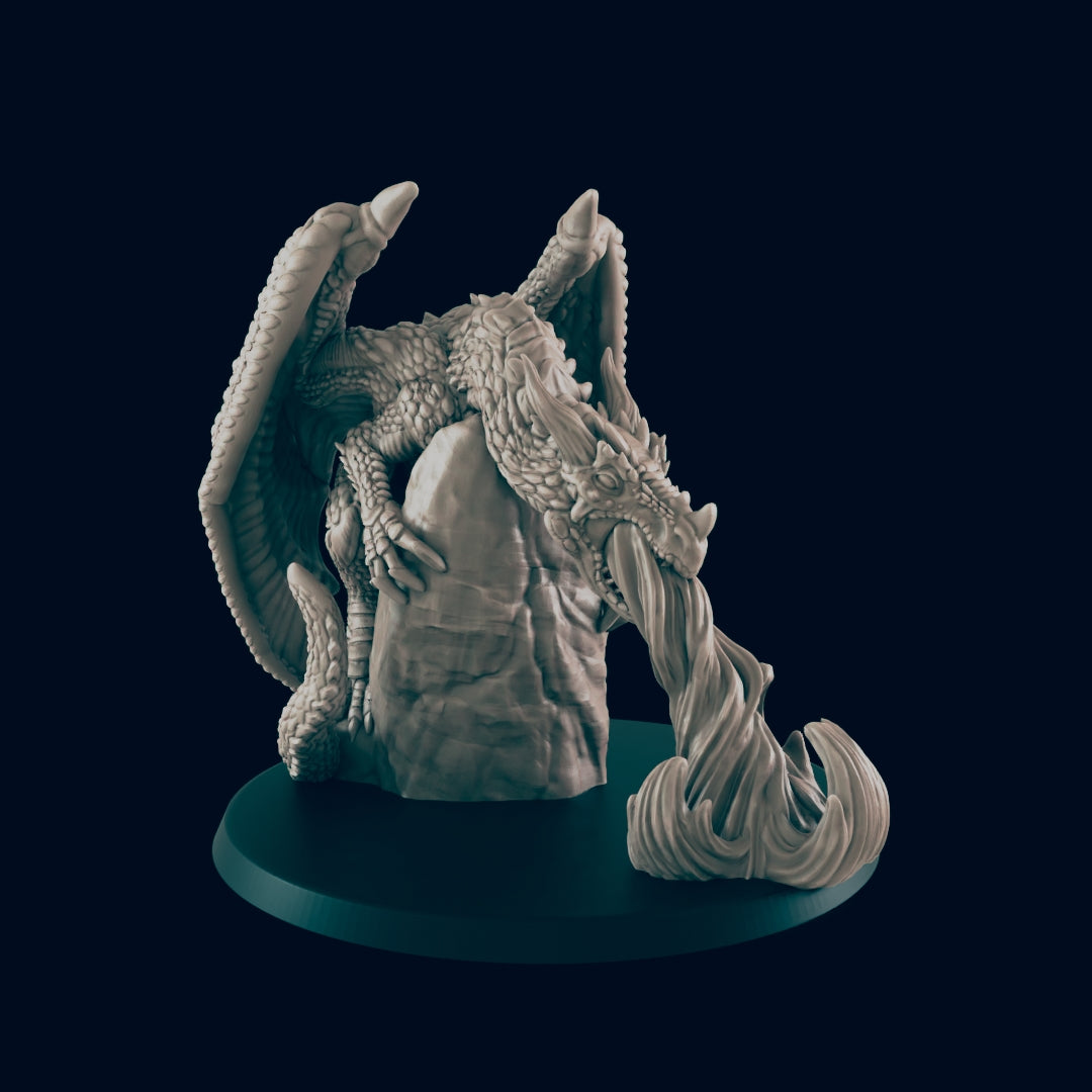 A grey 3D model of a dragon perched on a rock breathes what looks like smoke or fire; the model sits on a round, flat, dark-teal base against a dark-teal background.
